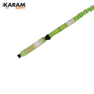 Bright green KARAM Safety fall-arrest lanyard with labels, diagonally across a white background