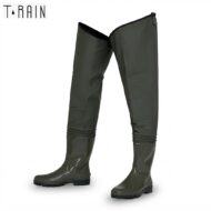 Olive-green knee-high rubber rain boots with rugged soles, standing upright with a small top loop.
