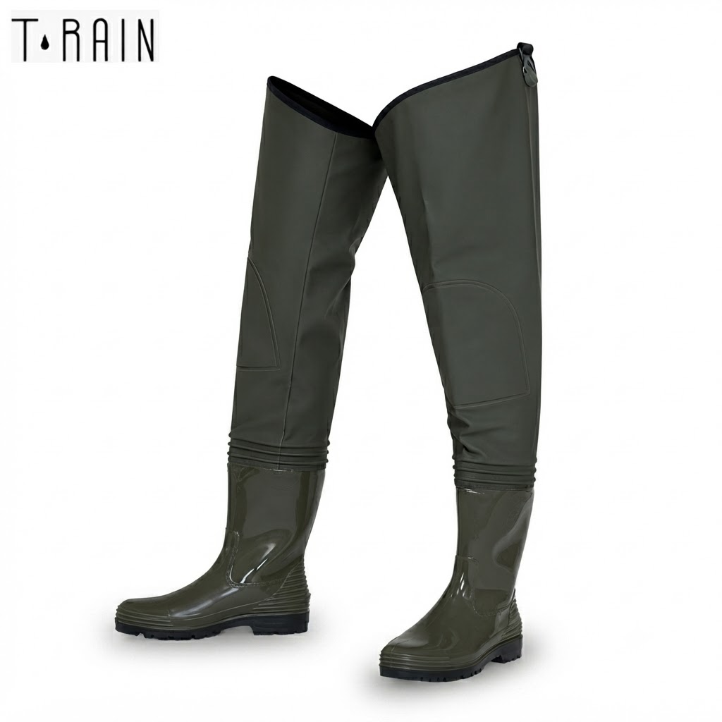 Olive-green knee-high rubber rain boots with rugged soles, standing upright with a small top loop.