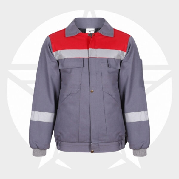 Gray work jacket with a red yoke, light gray chest and sleeve stripes, two front pockets, and ribbed cuffs.