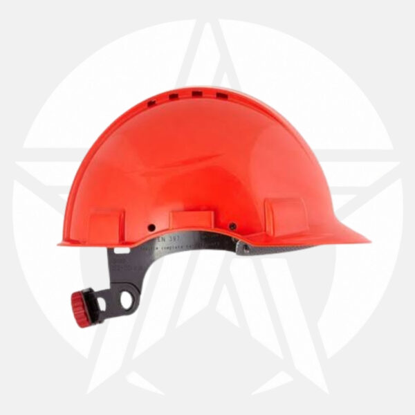 Red hard hat with an adjustable chin strap, a piece of personal protective equipment for head protection on construction sites.