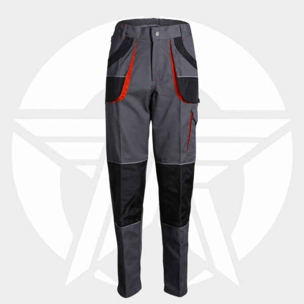 Grey and black cargo work pants with red trim and reinforced knee panels, full length