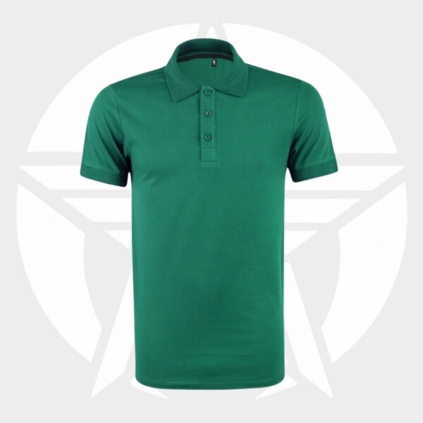 Green polo shirt with collar and three-button placket, shown from the front