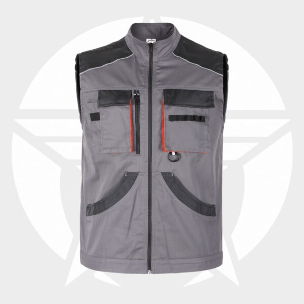 Gray utility vest with multiple pockets and red zipper trims, sleeveless with front zip closure and reinforced seams around chest pockets.