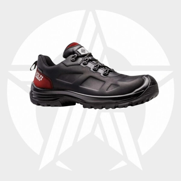 Black hiking shoe with red heel accent and rugged tread, shown in profile.