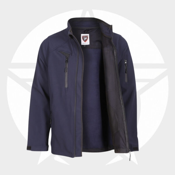 Navy blue lightweight jacket with front zip and zippered chest and side pockets, partially unzipped to show mesh lining inside.