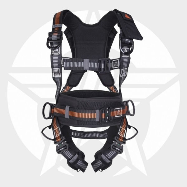 Full-body climbing harness with padded back support, adjustable waist and leg straps for rope work.