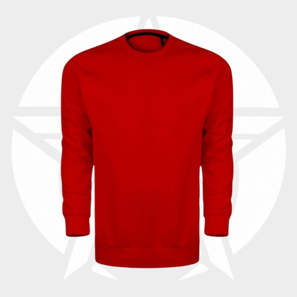 Red long-sleeve crewneck sweatshirt with ribbed cuffs and hem, shown front view against a pale background.