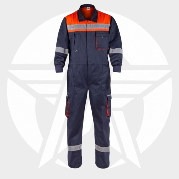 Navy blue coverall with orange high-visibility yoke, reflective stripes, multiple pockets, and red zipper pulls.