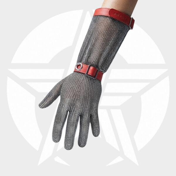 Chainmail gauntlet glove with red leather straps on a pale background, shown in an arm-down pose.