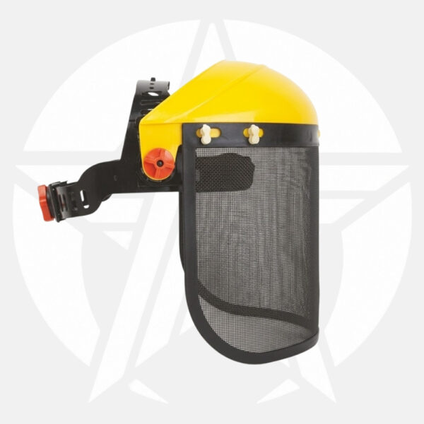 Welding helmet with a yellow shell and black mesh face shield on an adjustable headband.