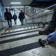 Maintenance worker applying anti-slip tape to stair treads in a subway station, with a roll of tape and other workers in the background