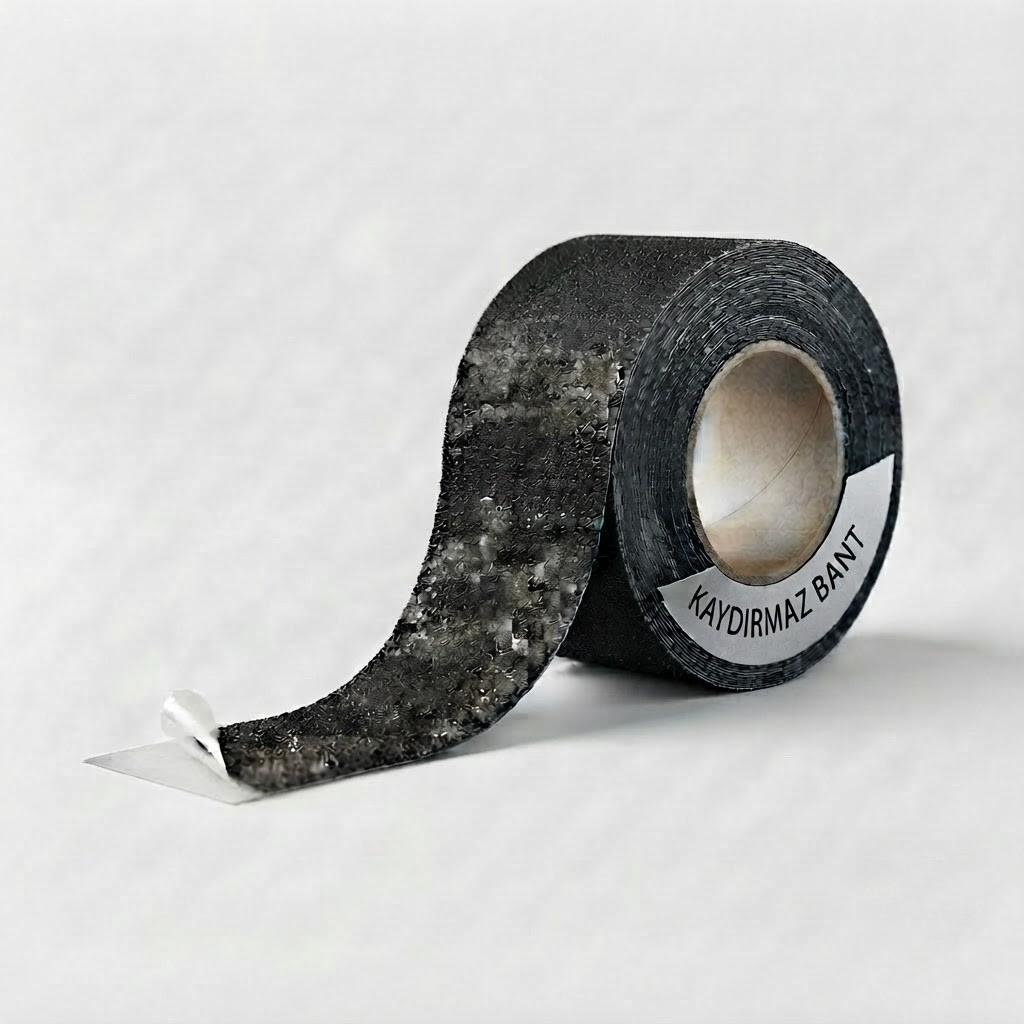 Roll of black anti-slip tape with textured surface, label reads 'KAYDIRMAZ BANT' (non-slip tape) on cardboard core.