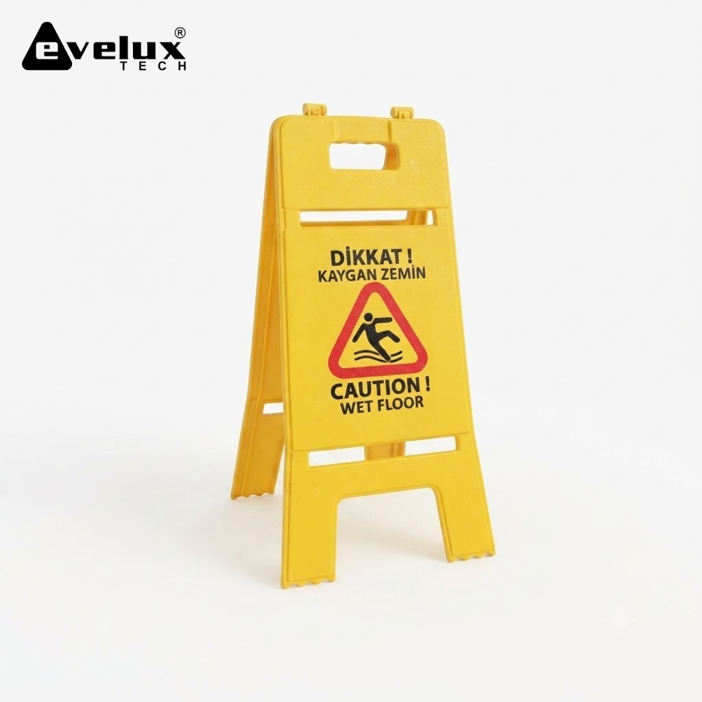 Yellow portable caution sign with 'Dikkat! Kaygan Zemin' and 'Caution! Wet Floor' text, Evelux Tech logo in corner.