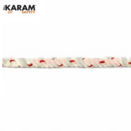 KARAM Safety logo in the top left; a white braided rope with red specks runs horizontally across the image.