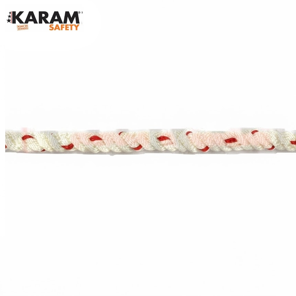 KARAM Safety logo in the top left; a white braided rope with red specks runs horizontally across the image.