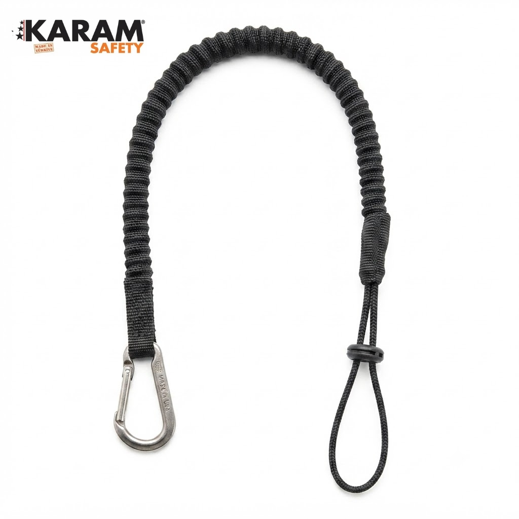 Black paracord safety lanyard with a metal carabiner on one end and an adjustable loop on the other, branded KARAM Safety