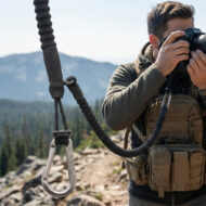 Photographer in outdoor gear aiming a camera on a mountain trail, with a rope and carabiner in the foreground