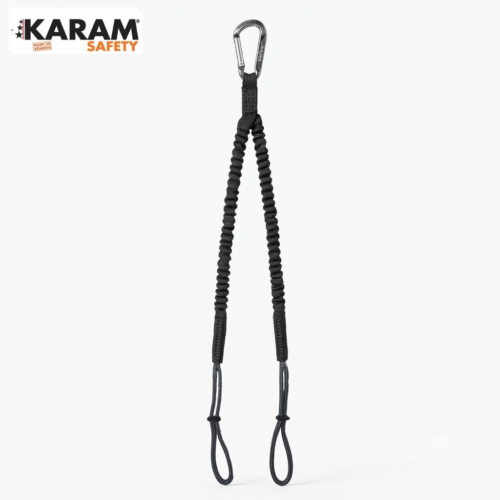 KARAM Safety logo in the top left with a black braided safety lanyard featuring a metal carabiner and two bottom loops against a white background; used for fall protection gear.