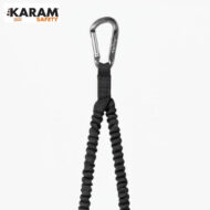 Black paracord lanyard with a silver carabiner for attaching gear; KARAM Safety logo in corner.