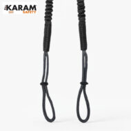 Black paracord safety lanyard with dual loop ends and knotted sections, KARAM Safety logo in corner