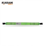 Green KARAM safety lanyard laid out horizontally with black hooks at both ends and a center label