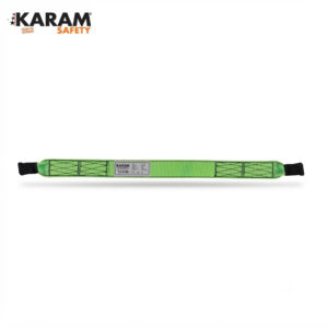Green KARAM safety lanyard laid out horizontally with black hooks at both ends and a center label