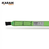 Green safety strap (lanyard) with black loop end and stitched grid pattern, labeled KARAM Safety
