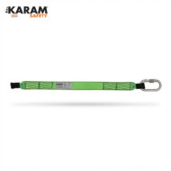 Bright green safety lanyard with a silver metal carabiner on the right, used for fall protection (KARAM Safety)