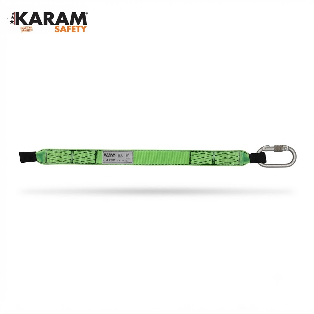 Bright green safety lanyard with a silver metal carabiner on the right, used for fall protection (KARAM Safety)