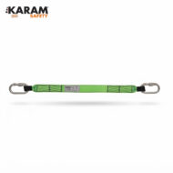 Green climbing lanyard with reinforced stitching and two metal carabiners, branded KARAM Safety.