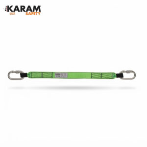 Green climbing lanyard with reinforced stitching and two metal carabiners, branded KARAM Safety.