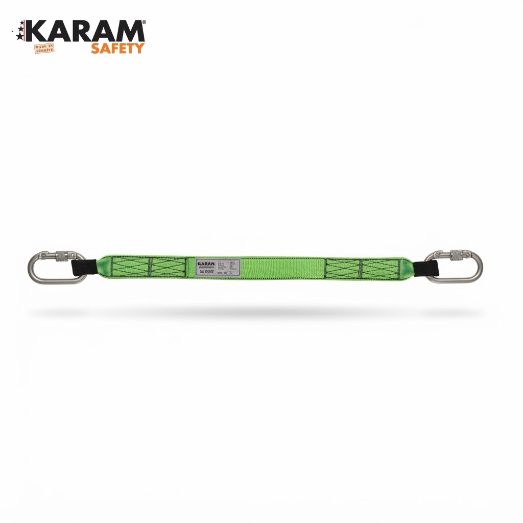 Green climbing lanyard with reinforced stitching and two metal carabiners, branded KARAM Safety.