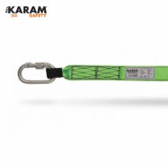 Bright green KARAM Safety lanyard with a silver carabiner for safety harnesses.