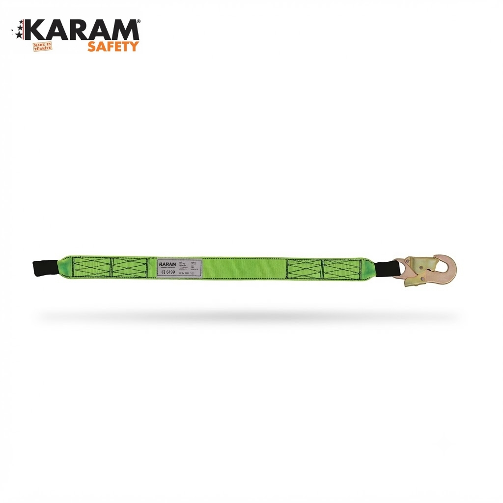 Green safety lanyard with a metal hook on the right, branded KARAM Safety