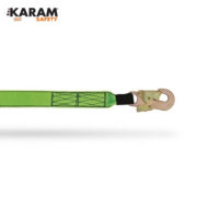Green safety lanyard with a metal hook end, designed for harness attachment (Karamsafety branding visible)