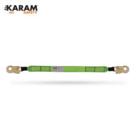 Green safety lanyard with two metal locking hooks (one at each end) for fall protection.