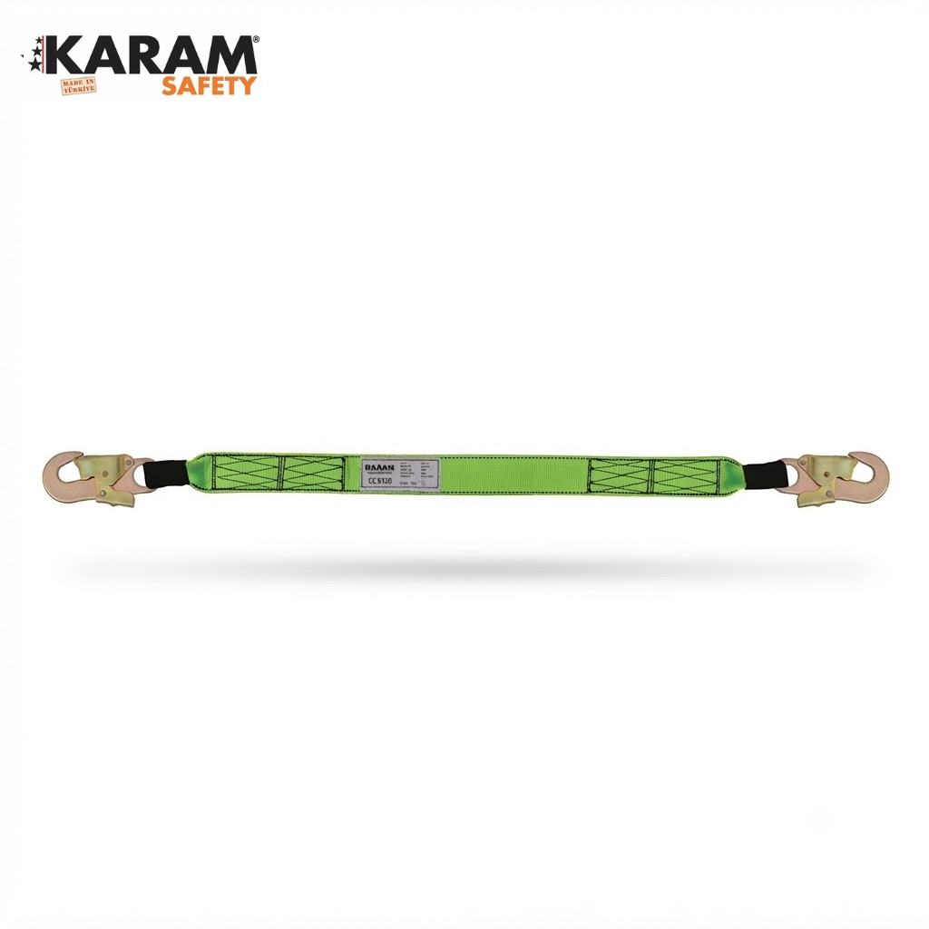 Green safety lanyard with two metal locking hooks (one at each end) for fall protection.