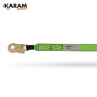 Bright green fall-arrest safety lanyard with a large metal hook and strap tag, branding visible in the corner.