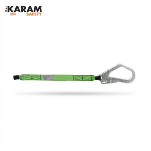 Green safety lanyard with a large metal carabiner for harness attachment (KARAM Safety)