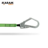 Green safety lanyard with metal carabiner hook for fall-arrest systems (KARAM Safety)