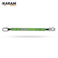 Green safety lanyard with metal hook on the right and carabiner on the left for fall protection (KARAM Safety).