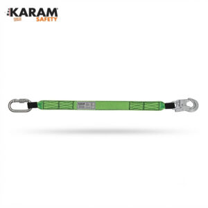 Green safety lanyard with metal hook on the right and carabiner on the left for fall protection (KARAM Safety).