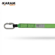 Bright green safety lanyard with a silver carabiner and a stitched strap, used for fall protection.