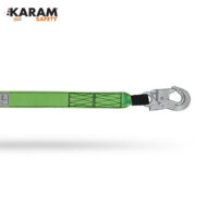Green safety lanyard/strap with a metal hook at the right end, used to secure equipment or provide fall protection; KARAM Safety branding visible in the top-left corner.