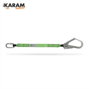 Green KARAM Safety lanyard with metal carabiners on both ends, used for fall protection.