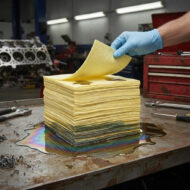 Gloved hand peels a yellow sheet from a tall stack of rainbow-edged paper on a rusted workbench in a workshop.