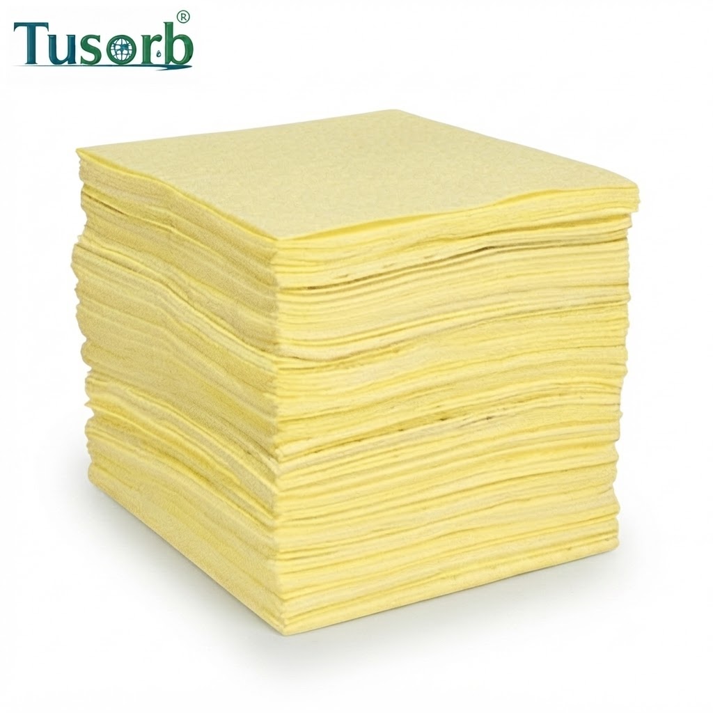 Pile of pale yellow folded napkins stacked evenly; product photo from Tusorb