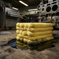 Stack of yellow oil-absorbent pads stacked on a workshop floor, absorbing a dark puddle near an engine block.”