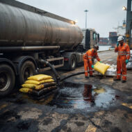 Two port workers in orange safety suits near a tanker truck handle yellow bags beside a wet spill on the dock.